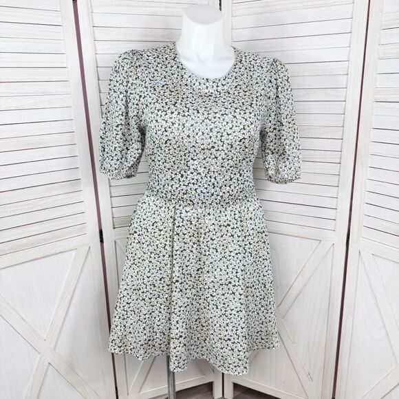 Banana Republic Floral Open Back Mini Dress Large Green White Puff Sleeve - Picture 1 of 14